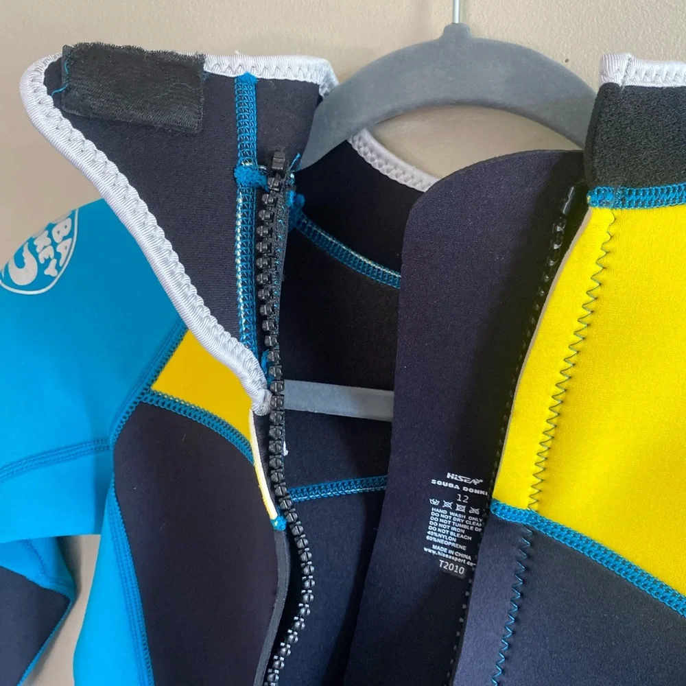 SCUBA DONKEY Kids Youth Size 12 Wetsuit Neoprene Black/Yellow‎ /Aqua NEW NWT